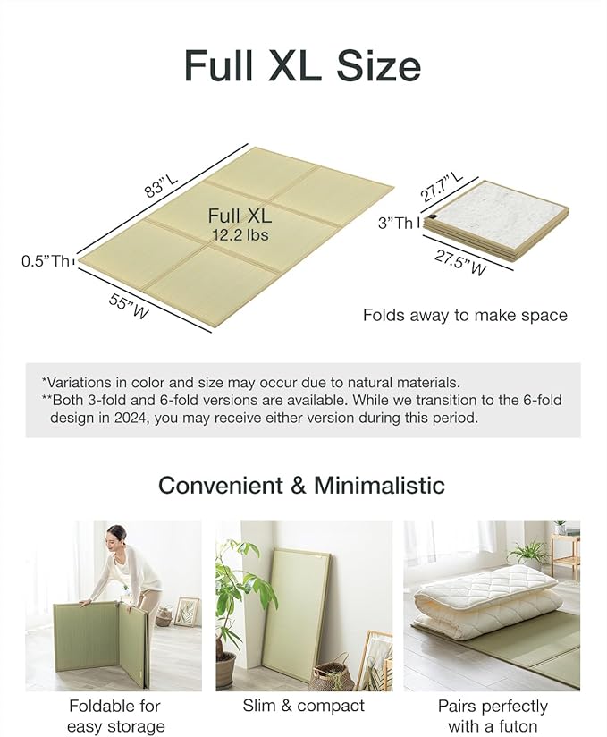 FULI Japanese Tatami Mattress, Tatami Rug, Igusa Mat (Japanese Rush Grass) Foldable, Made in Japan (Natural, Full XL)
