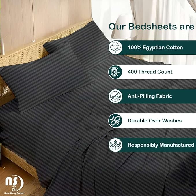 NON Sticky cotton Full Size Sleeper Sofa Sheets, 4 Piece Egyptian Cotton Bed Sheet Set for Sofa Bed, 10" Deep Pocket for Pull Out Couch Mattress, 54" x 75", Dark Grey Stripe, Soft & Breathable