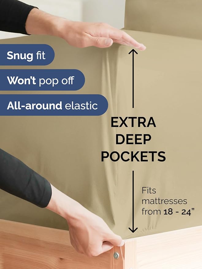 Extra Deep King Fitted Sheet - Hotel Luxury Single Fitted Sheet Only - Easily Fits 18 inch to 24 inch Mattress - Ultra Soft, Wrinkle Free w/Extra Deep Pockets - Easy-Care, Breathable & Comfy - Beige