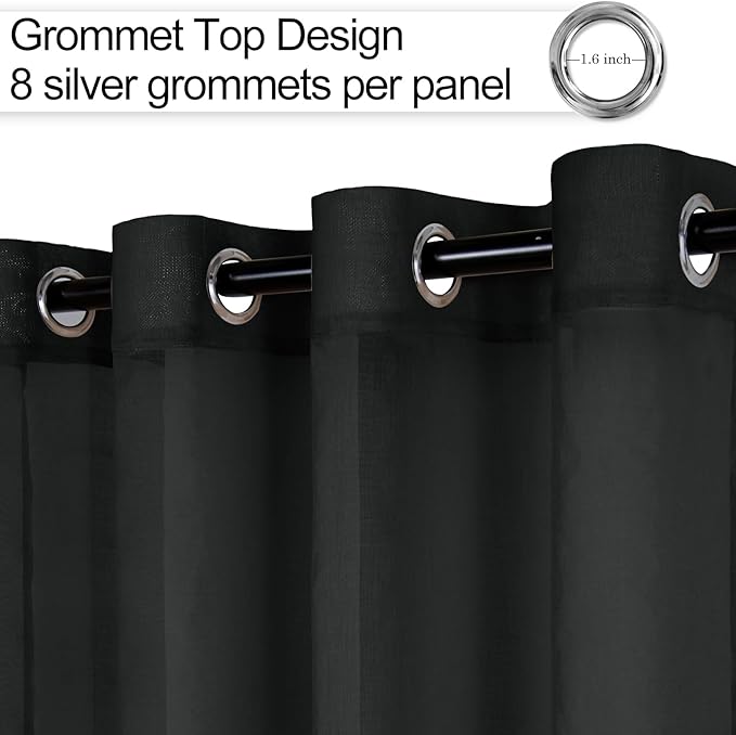 XWZO Black Sheer Curtains for Bedroom, Semi Transparent Light Filtering Grommet Voile Textured Window Curtains for Living Room, Nursery with Tiebacks, 52 x 63 Inches Long, Set of 2 Panels