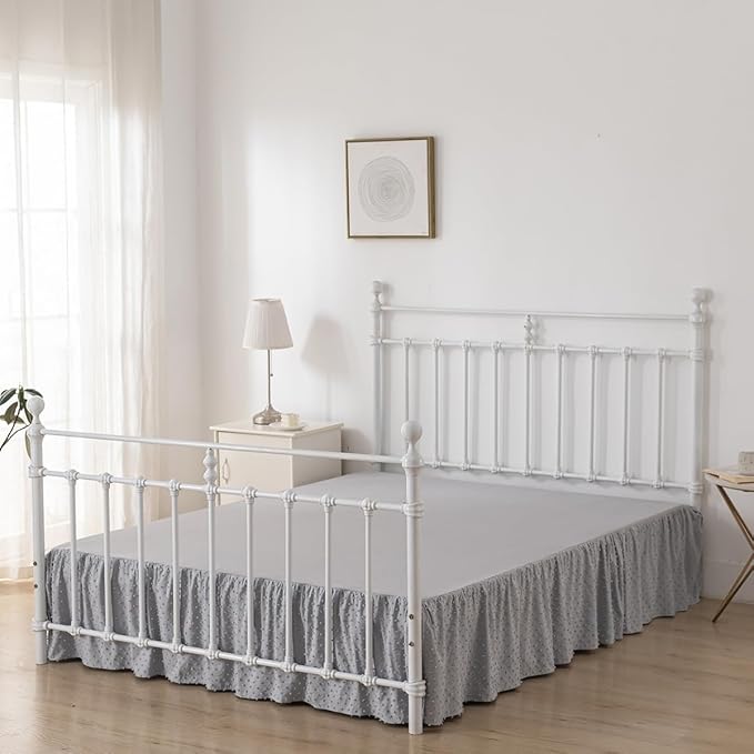 Tufted Dot Bed Skirt Full Size Ruffled Bed Skirt with Split Corners, 18 Inch Drop Dust Ruffle Bed Skirts with Platform, Light Grey