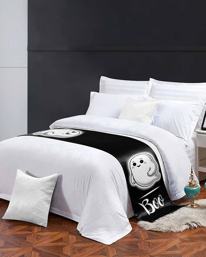 Halloween Cute Ghost Boo Bed Runners for Bedroom Hotel,Decorative Bedding Scarf Black and White Bed End Blanket Bedding Runner Scarves for Full Size Bed,83x20in