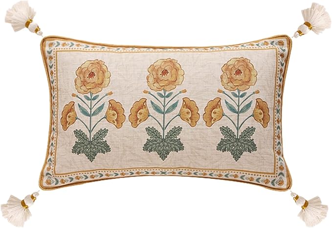 patdrea Designer Rectangle Throw Pillow Covers for Couch 12"x20",Vintage French Linen with Beige Daisy Floral Pattern and White Pendant,Farmhouse Decorative Lumbar Cushion for Bed,Living Room