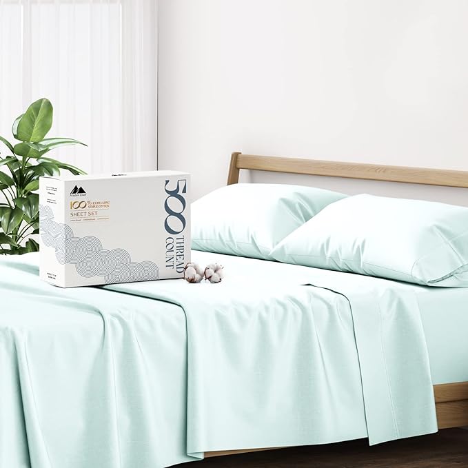 Mayfair Linen 100% Cotton Bed Sheets Queen Set - 500 Thread Count Cotton Sheets for Queen Size Bed, 4 PC Set (Sea Foam), Ultra Soft, Cooling, Sateen Weave 16" Deep Pocket Bedsheet for Hot Sleepers