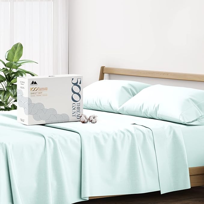 Mayfair Linen 500 Thread Count California King Cotton Sheets - 4 PC Cal King Size Bed Sheet Set Cotton (Sea Foam), Soft, Cooling, Sateen 16" Deep Pocket Bedsheet for Hot Sleepers (Fits 18" Mattress)