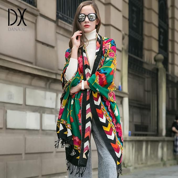 DANA XU 100% Merino Wool Pashmina Shawl for Women 96"x43", Oversized Cashmere Wrap with Tassels, Floral Travel Blanket Cape