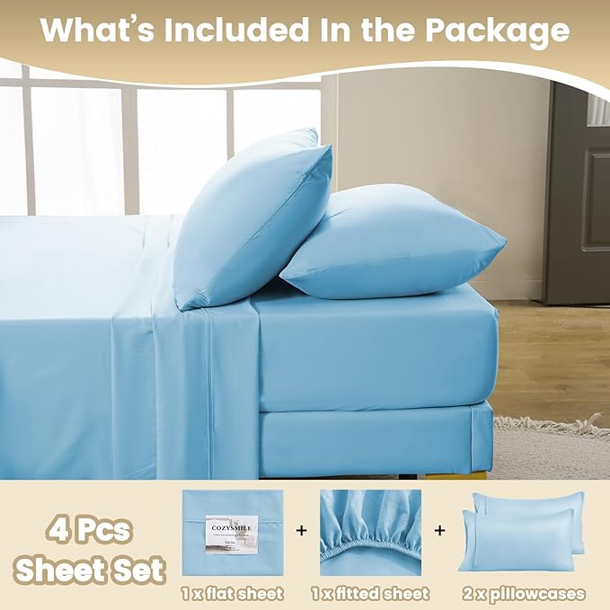Breathable Cooling Full Sheet Set - Hotel Luxury 4 Piece Deep Pocket Sheets for Full Size Bed, Fits 16" Mattress, Easy Care Wrinkle Free Bedding Sheet and Pillowcase Set, Sky Blue