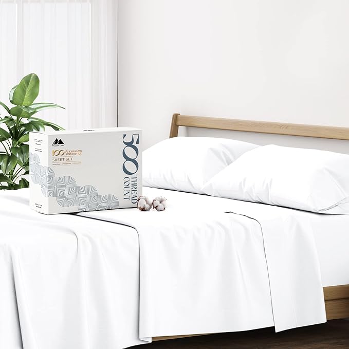 Mayfair Linen 100% Cotton Sheets King Size Bed Set - 500 Thread Count Sheets King Size 4 PC Set (White), Soft, Cooling, Hotel-Quality 16" Deep Pocket Cotton Bedsheet for Hot Sleepers