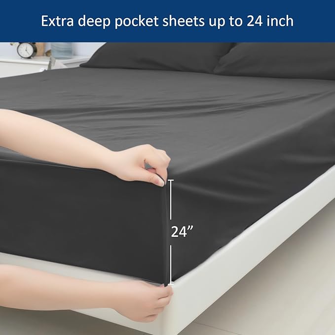 Moonsea Extra Deep Pocket Queen Sheet Sets for Air Mattress - Deep Pocket Sheets Queen Size Sets - Sheets with Pocket on Side - Easily Fits Extra Deep 16 in to 24 in Pillow Top (Black)
