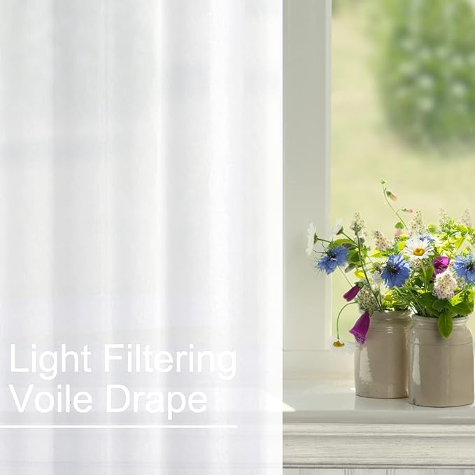 XWZO White Sheer Curtains 63 Inch Length 2 Panels for Bedroom, Light Filtering Semi Transparent Voile Grommet Small Window Curtains with Tiebacks for Living Room, 46 x 63 Inches Length