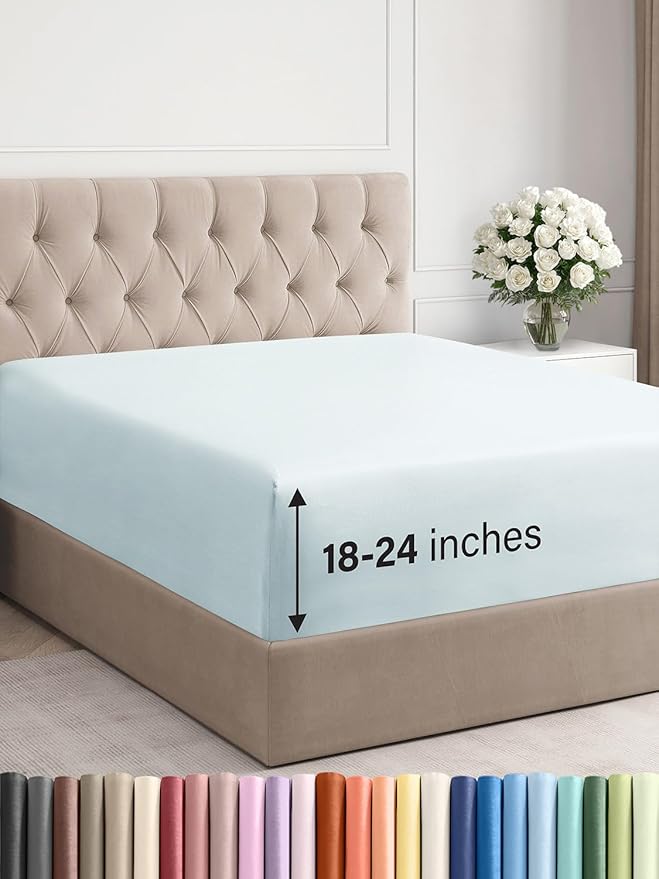 Extra Deep Full Fitted Sheet - Hotel Luxury Single Fitted Sheet Only - Easily Fits 18 inch to 24 inch Mattress - Ultra Soft, Wrinkle & Fade Free w/Extra Deep Pockets - Breathable & Comfy - Ice Blue