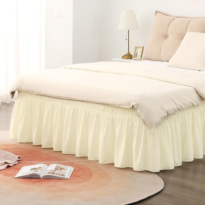 RIMELA Butter Yellow Bed Skirt Queen Size 18 Inch Drop, Elastic Bed Skirting for Bed Base and Frame, Bedding Dust Ruffle Easy to Install, Lightweight Wrap Around Adjustable Bedskirt