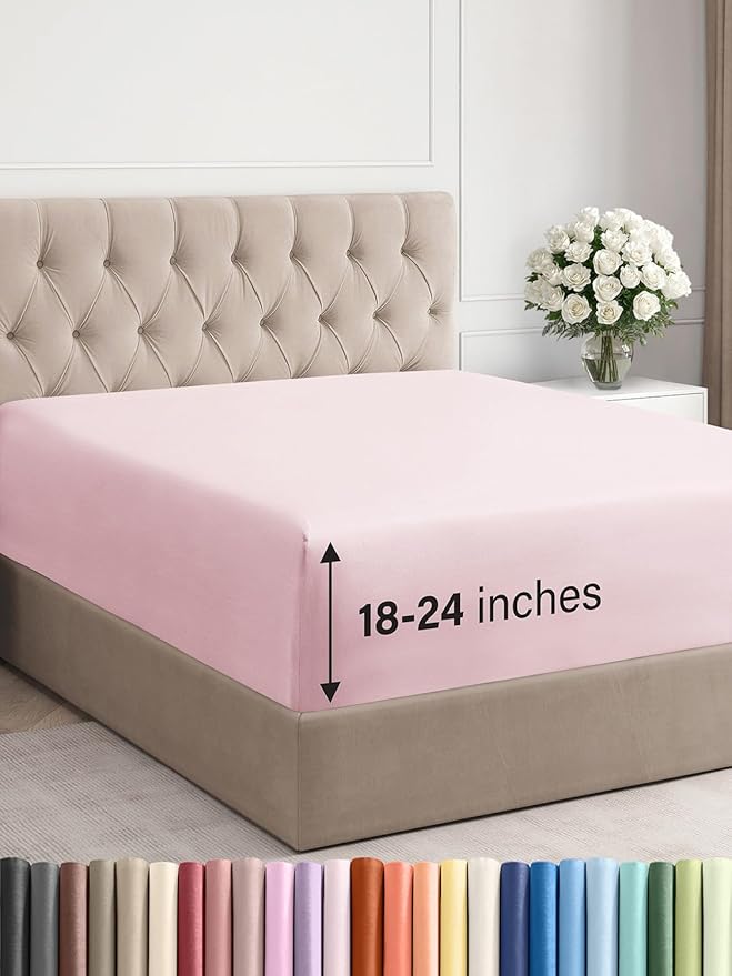 Extra Deep King Fitted Sheet - Hotel Luxury Single Fitted Sheet Only - Easily Fits 18 inch to 24 inch Mattress - Ultra Soft, Wrinkle Free with Extra Deep Pockets - Breathable & Comfy - Lavender Pink