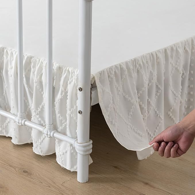 Bed Skirt Full Size Ruffled Bed Skirt with Split Corners, 12 Inch Drop Dust Ruffle Bed Skirts with Platform, Boho Tufted Shabby Chic Full Size Bed Skirts, Ivory