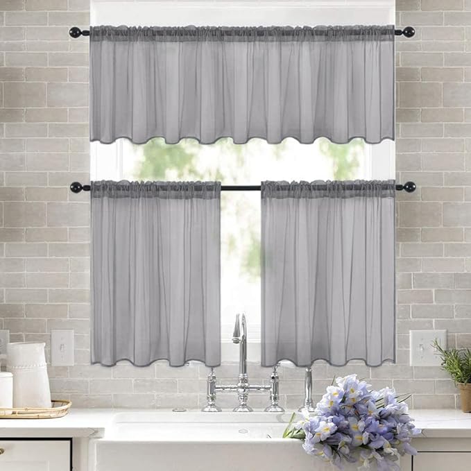 MIULEE Short Sheer Curtains 30 Inch Length for Kitchen Bathroom Cafe Half Window Treatment, Rod Pocket Tier Curtains 2 Panels, 29x30 Inches Long, Charcoal Grey