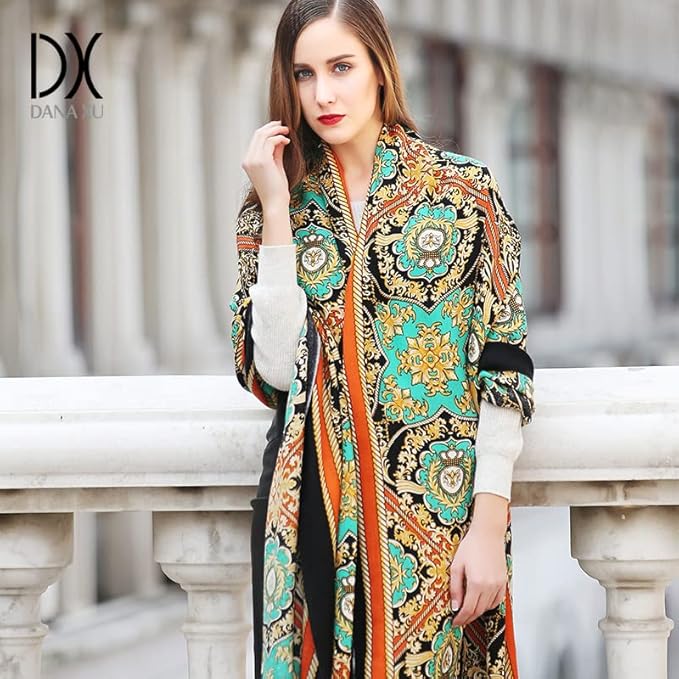 DANA XU 100% Merino Wool Extra Large Pashmina Blanket Travel Scarf Cashmere Wrap for Women Fall Winter Oversize Shawl Floral