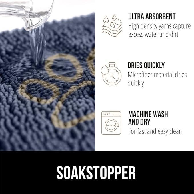 GORILLA GRIP SOAKSTOPPER Dog Door Mat, Machine Washable Rug Absorbent Doormat Captures Moisture Mud Dirt, Quick Dry Soft Chenille Entryway Rugs Indoor Entrance Mats for Dog Paws, 24x17 Navy