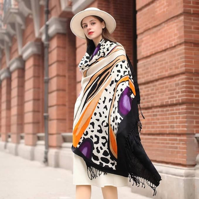 DANA XU 100% Merino Wool Pashmina Shawl for Women 96"x43", Oversized Cashmere Wrap with Tassels, Floral Travel Blanket Cape