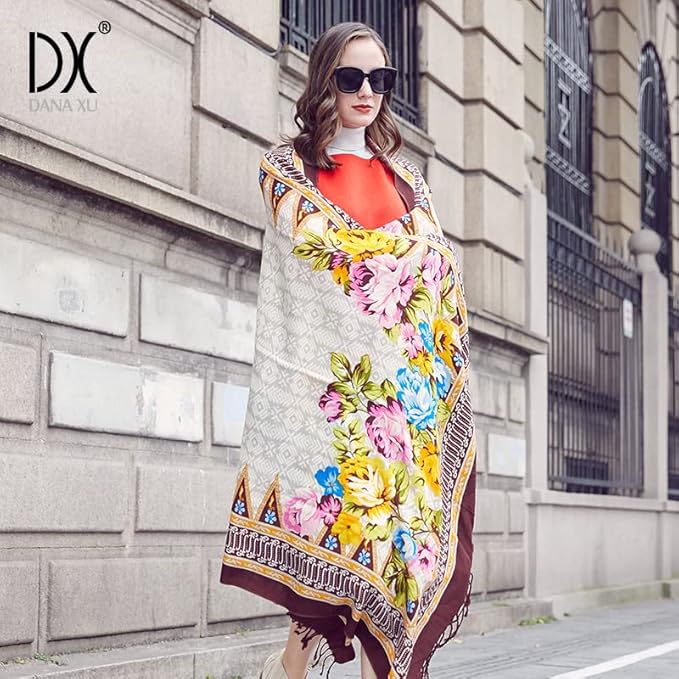 DANA XU 100% Merino Wool Pashmina Shawl for Women 96"x43", Oversized Cashmere Wrap with Tassels, Floral Travel Blanket Cape