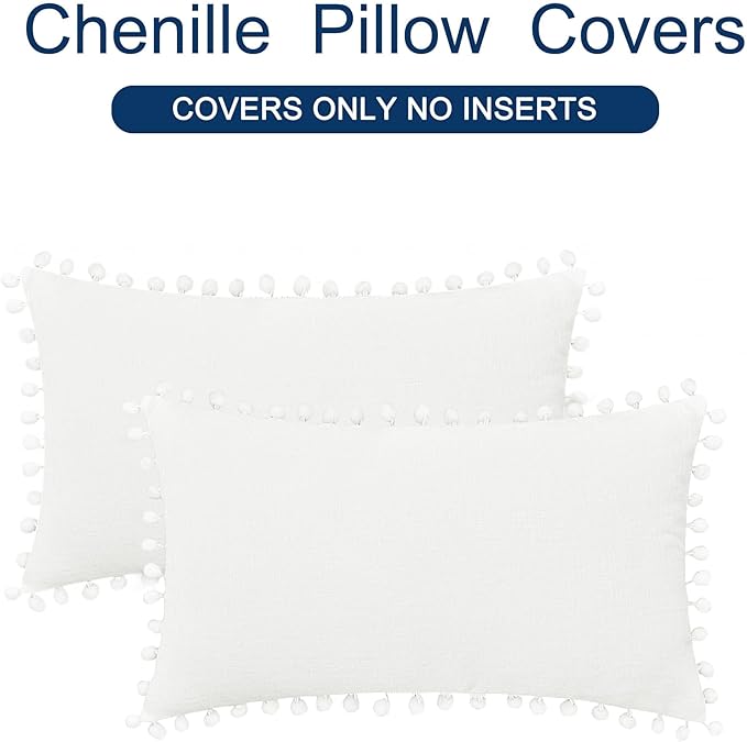 CaliTime Throw Pillow Covers Decorative 12 X 12 Inches Pack of 2 Cozy Solid Dyed Soft Chenille Cushion Cases with Pom Poms for Couch Sofa Bed Living Room Home True White