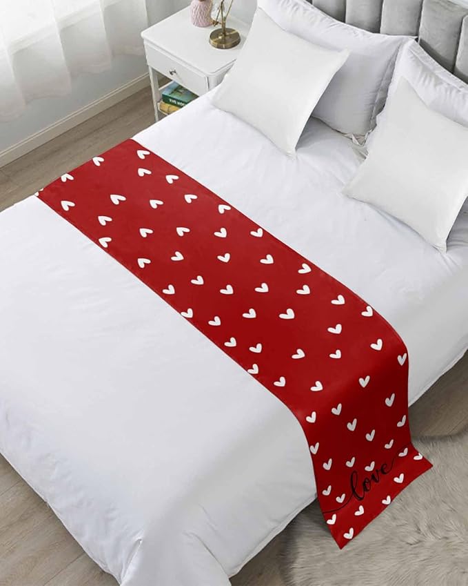 Valentine's Day White Love Hearts Bed Runners for Bedroom Hotel,Decorative Bedding Scarf Sweetheart and Quote on Red Bed End Blanket Bedding Runner Scarves for King Size Bed,102x20in