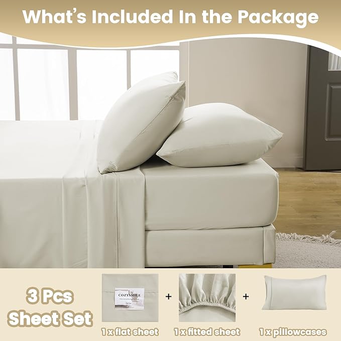 Twin XL Sheets Set - 3 Piece Silky Ultra Soft Breathable Bed Sheet Set, 16" Deep Pocket for Mattress,Hotel Luxury Clearance Twin Size Sheet Sets & Wrinkle Free,Easy Care Cooling Bedding Sheets, Ivory