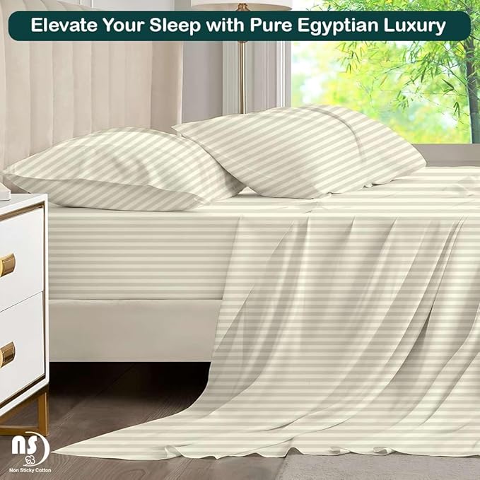 NON Sticky cotton Full Size Sleeper Sofa Sheets, 4 Piece Egyptian Cotton Bed Sheet Set for Sofa Bed, 7" Deep Pocket for Pull Out Couch Mattress, 54" x 75", Ivory Stripe, Soft & Breathable