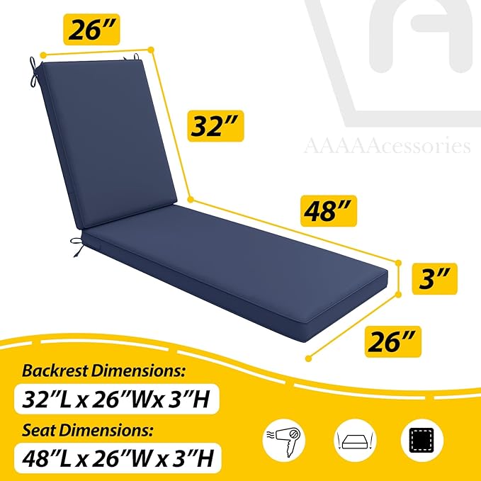 AAAAAcessories Outdoor Chaise Lounge Cushions, Waterproof, Fade-Resistant Patio Furniture Replacement Cushions, 80" x 26" x 3", Navy Blue
