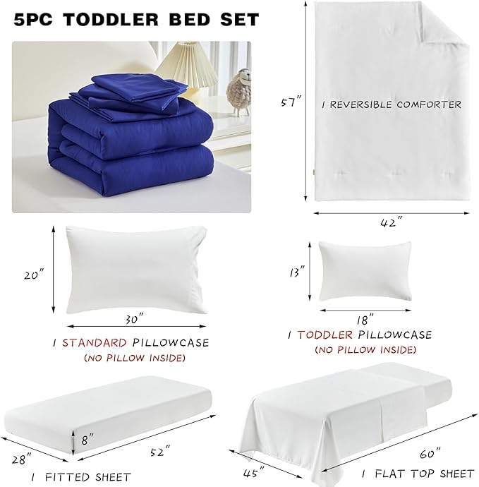 Toddler Bedding Set - 5 Piece Soft and Breathable Toddler Bed Set for Boys and Girls, Includes Quilted Comforter, Fitted Sheet, Flat Top Sheet, Standard Pillowcase and Toddler Pillowcase, Gray