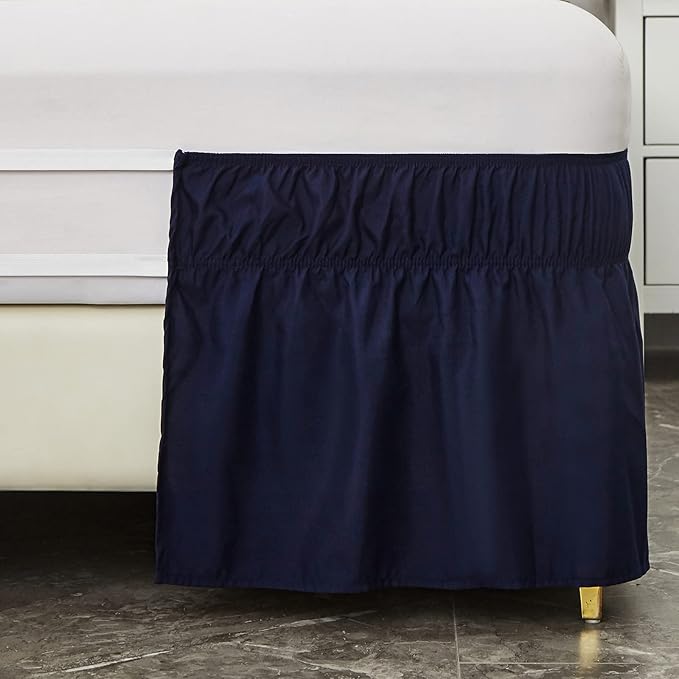 MEILA Wrap Around Bed Skirt Three Fabric Sides Elastic Dust Ruffled 16 Inch Tailored Drop,Easy to Install Fade Resistant-Navy Blue, Queen/King