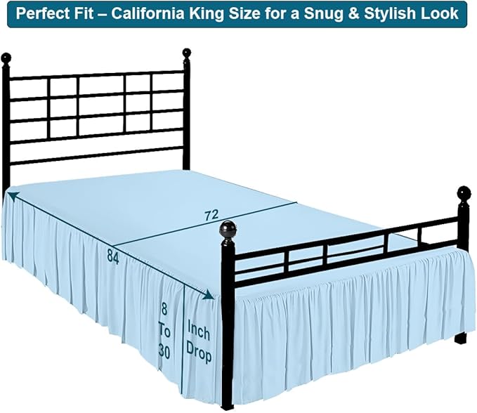 Shreem Linen Ruffled Bed Skirt with Split Corners, Gathered Style, 100% Microfiber, 15-Inch Drop, Dust Ruffle Bedskirt with Platform, Cal-King, Light Blue