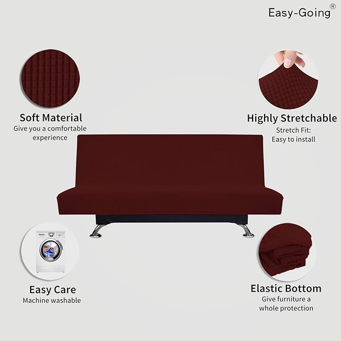 Easy-Going Stretch Futon Slipcover Armless Sofa Cover Furniture Protector Without Armrests Slipcover Soft with Elastic Bottom for Kids, Spandex Jacquard Fabric Small Checks(futon,Wine)