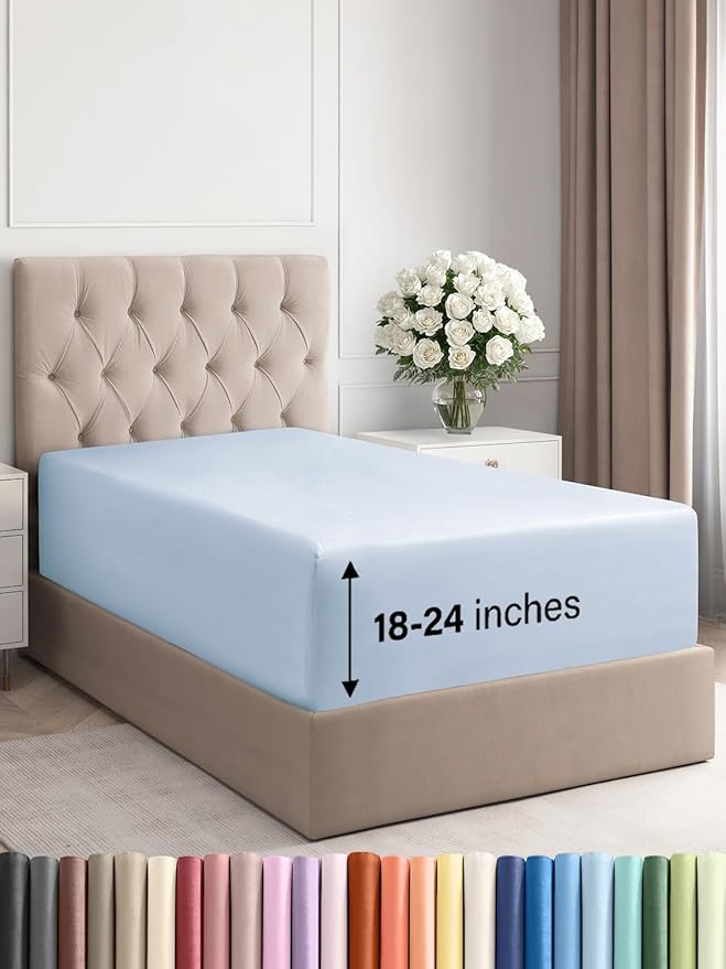 Extra Deep Twin Fitted Sheet - Hotel Luxury Single Fitted Sheet Only - Easily Fits 18 inch to 24 inch Mattress - Ultra Soft, Wrinkle & Fade Free w/Extra Deep Pockets - Breathable & Comfy - Sky Blue