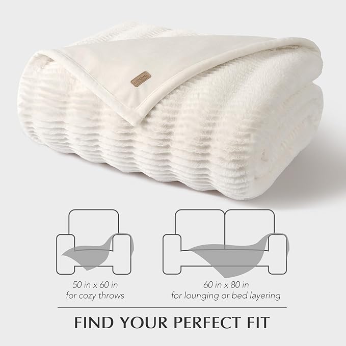 EVERGRACEHOME Ultra Soft Faux Fur Throw Blanket for Couch, Luxury Sculpted Texture Faux Rabbit Fur Blanket for Bed, Fluffy Thick Plush Warm Fuzzy Throw, 920GSM (Bright White, 60''x80'')