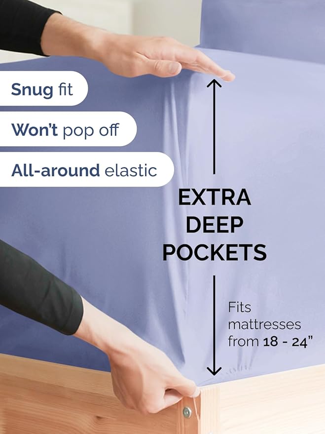 Extra Deep Cal King Fitted Sheet - Hotel Luxury Single Fitted Sheet Only - Easily Fits 18 inch to 24 inch Mattress - Ultra Soft, Wrinkle Free with Extra Deep Pockets - Breathable & Comfy - Lavender