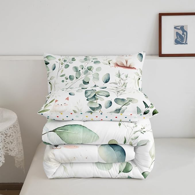 Erosebridal Kawaii Cat Queen Size Comforter Set for Boys Girls Cartoon Animal Bedding Set, Eucalyptus Leaves Down Comforter Pet Kitten Bed Set, Tropical Botanical Plants Quilted Duvet