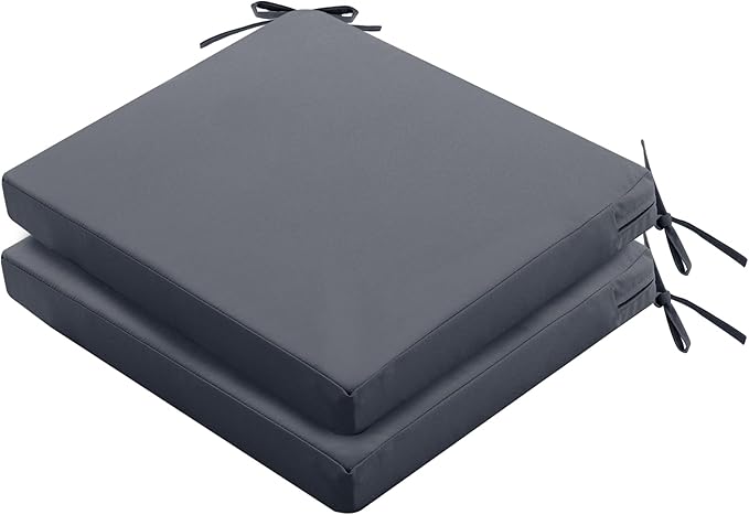 Outdoor Chair Cushions Set of 2: Waterproof & Color Fastness Seat Cushion for Patio Furniture - 22 x 22 x 3 Inch Chair Pads with Ties and Hidden Zipper - Patio Chair Cushion Replacement, Dark Grey