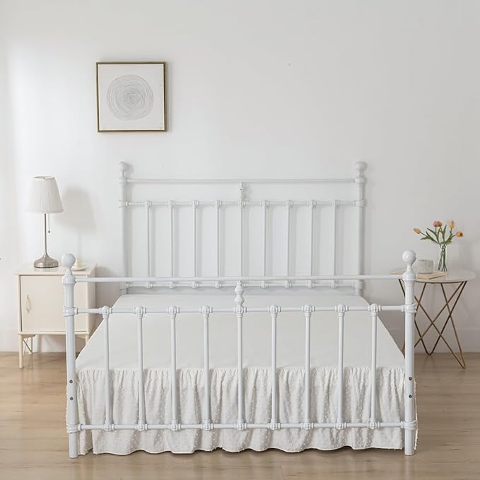Tufted Dot Bed Skirt Queen Size Ruffled Bed Skirt with Split Corners, 12 Inch Drop Dust Ruffle Bed Skirts with Platform, Ivory