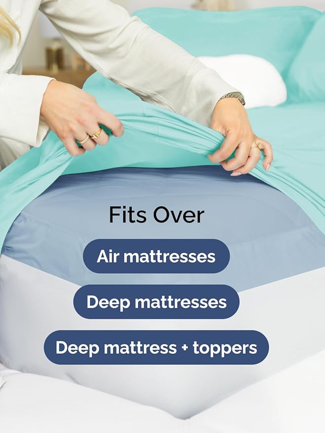 Extra Deep Full Fitted Sheet - Hotel Luxury Single Fitted Sheet Only - Easily Fits 18 inch to 24 inch Mattress - Ultra Soft, Wrinkle & Fade Free w/Extra Deep Pockets - Breathable & Comfy - Spa Blue