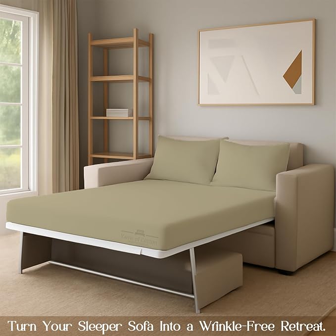 Sleeper Sofa 4 Piece Bed Sheet Set Premium Quality 100% Cotton 500 Thread Count, Smooth & Super Soft Sateen Weave, Extra Soft Bed Sheets, Wrinkle Free, 8 Inch Deep Pocket (Full, Beige)