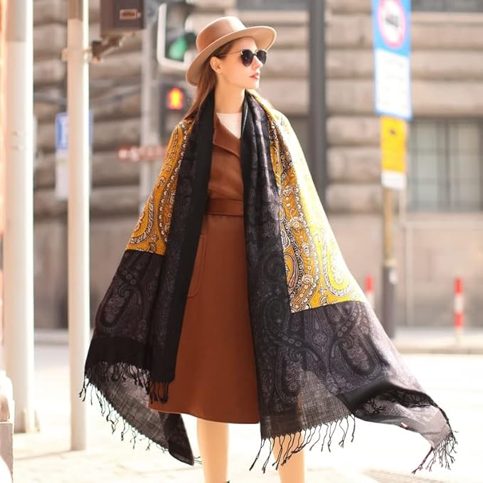 DANA XU 100% Merino Wool Extra Large Pashmina Blanket Travel Scarf Cashmere Wrap for Women Fall Winter Oversize Shawl Floral