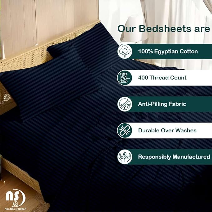 NON Sticky cotton Full Size Sleeper Sofa Sheets, 4 Piece Egyptian Cotton Bed Sheet Set for Sofa Bed, 10" Deep Pocket for Pull Out Couch Mattress, 54" x 75", Navy Blue Stripe, Soft & Breathable