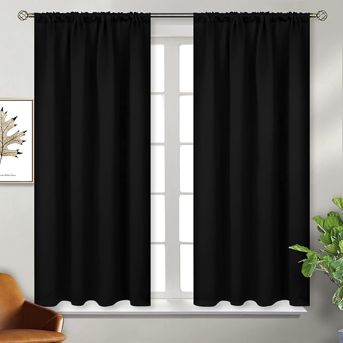 BGment Short Black Out Curtains for Bedroom Window 45 Inches Long - Black Thermal Insulated Drapes with Rod Pocket Room Darkeing Privacy Blinds for Kitchen Bathroom Window, 42 x 45 Inch, 2 Panels