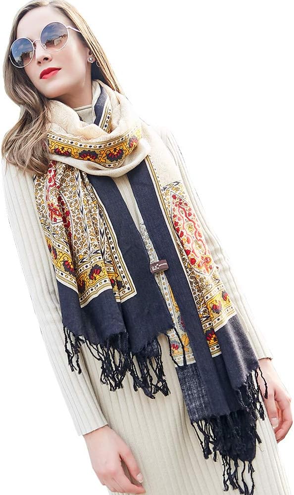 DANA XU 100% Merino Wool Extra Large Pashmina Blanket Travel Scarf Cashmere Wrap for Women Fall Winter Oversize Shawl Floral