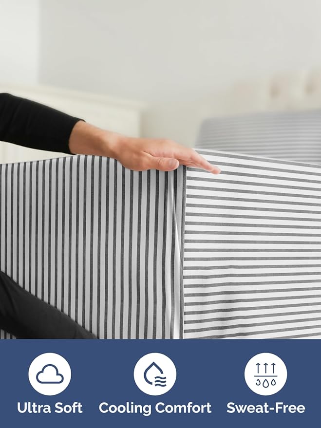 Extra Deep Twin XL Fitted Sheet - Hotel Luxury Single Fitted Sheet Only - Easily Fits 18 inch to 24 inch Mattress - Ultra Soft, Wrinkle Free w/Extra Deep Pockets - Breathable & Comfy - Grey Stripes