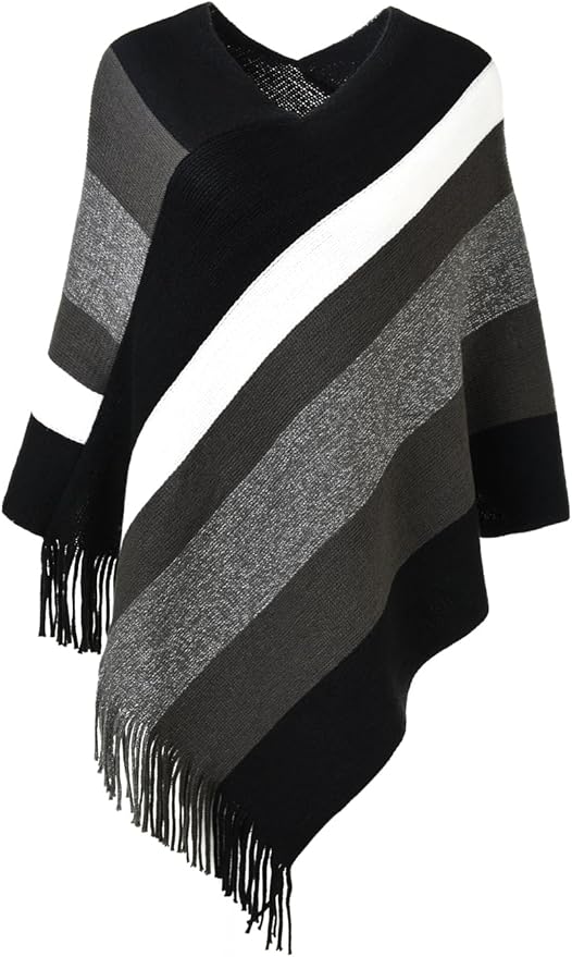 Ferand Women's Striped Poncho Sweater Cozy Knit Fringe Shawl Wraps for Fall Winter