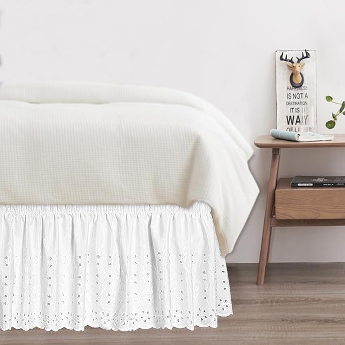 Queen Bed Skirt, Wrap-Around Elastic Ruffled Eyelet Bed Skirt Queen Size Dust Ruffle with Gathered Styling and Embroidered Details, 14" Drop Length (White)