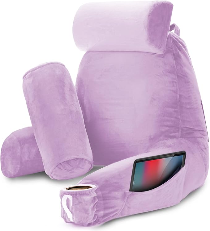 Nestl Reading Pillow with Shredded Memory Foam Includes 2 Neck and Lumber Support Pillows, Designed for Sitting Up in Bed and Couch, Back and Arms Adjustable Support for Adult & Teens, Lavender