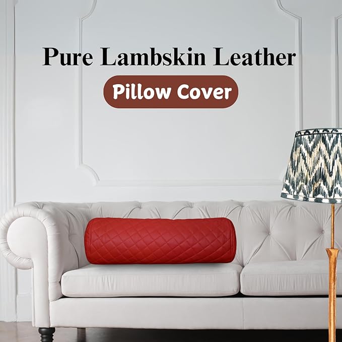 Neck Roll Pillow Cushion Cover, 24x6 Inch Full Moon Round Bolster Pillow Case, Cylinder Soft Lambskin Leather Pillowcase for Head, Spine & Neck Support During Sleep - Quilted Cherry Red Pack of 1