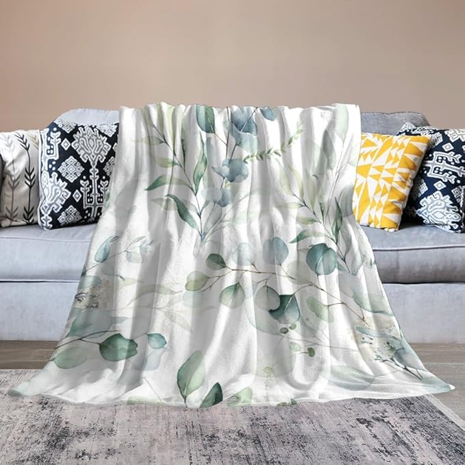 Eucalyptus Leaf Throw Blanket, Watercolor Floral Spring Botanical Green Plants Herb Print Cozy Plush Blanket for Bedroom Living Rooms Sofa Couch, 30"x40"